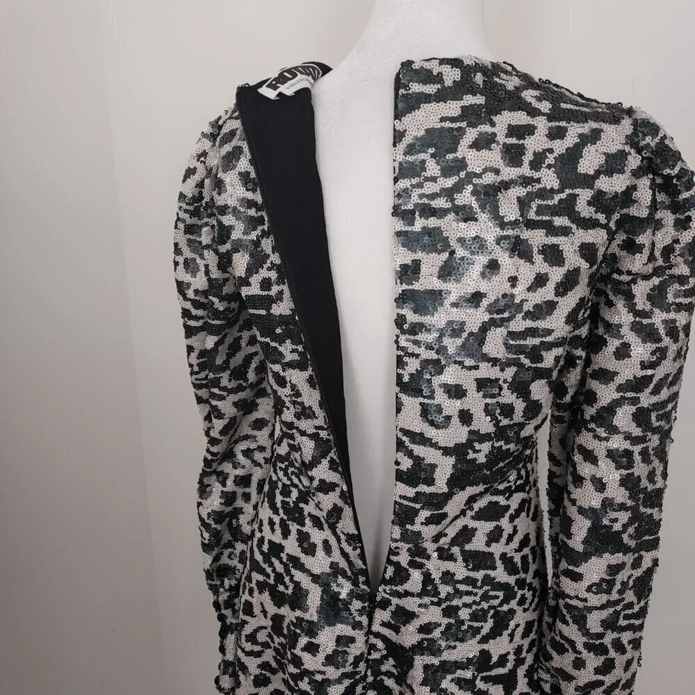 Rotate Birger Christensen Alison Sequin Leopard Puff Sleeve Mini Dress Size 4